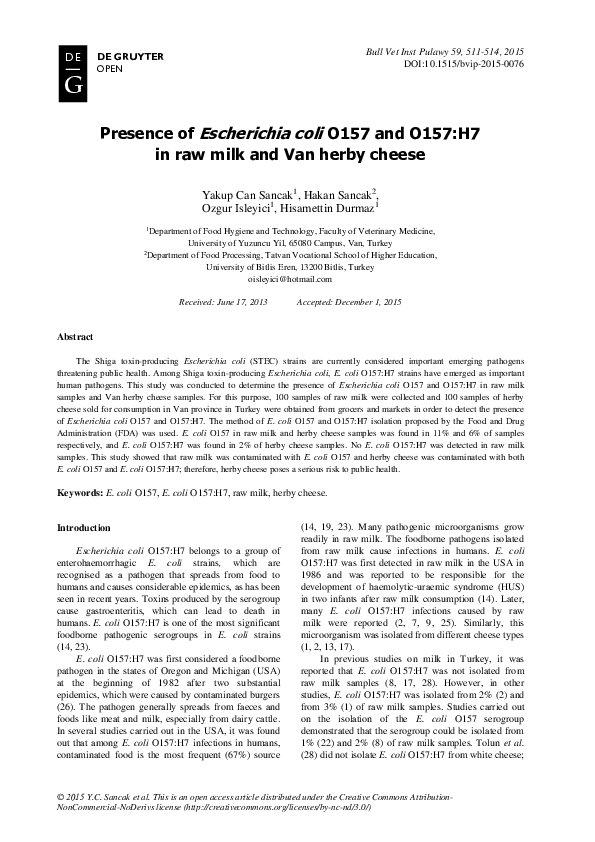 (PDF) Presence of Escherichia coli O157 and O157:H7 in raw milk and Van ...