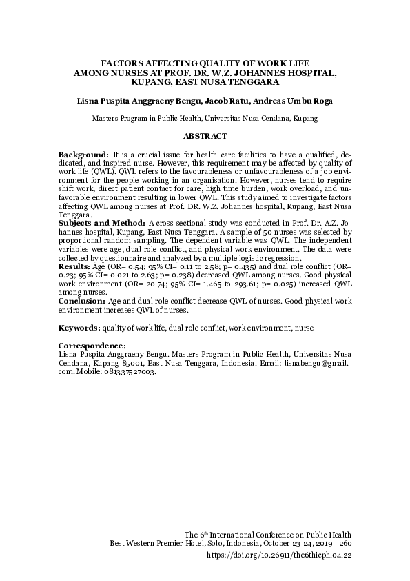 (PDF) Factors Affecting Quality of Work Life Among Nurses at Prof. Dr ...