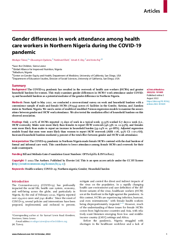 (PDF) Gender differences in work attendance among health care workers ...