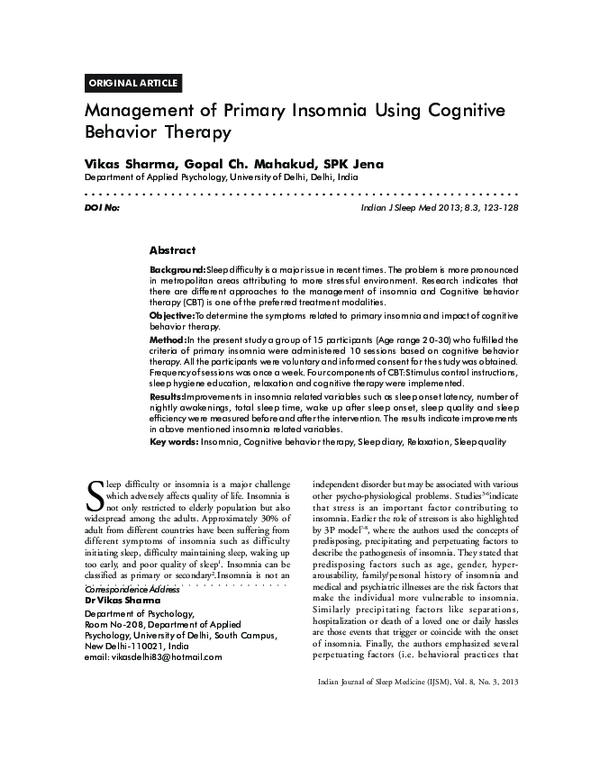 Management of primary insomnia using cognitive behavior therapy