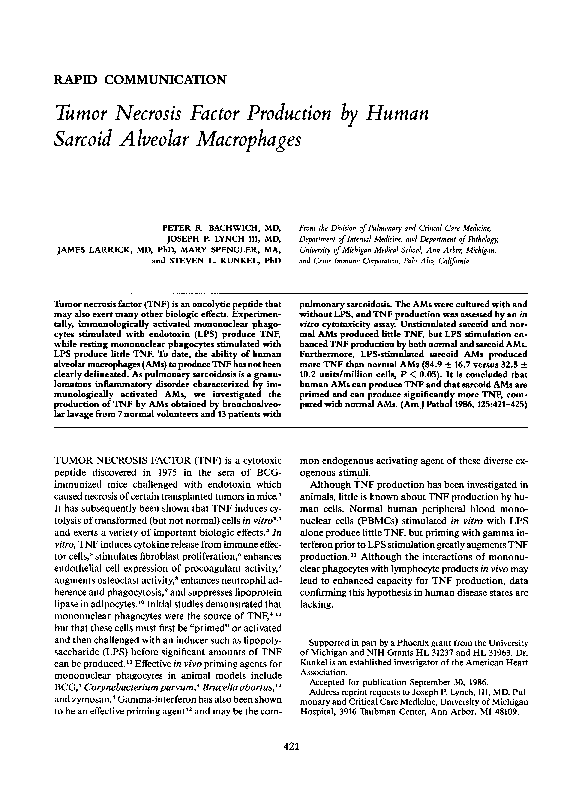 (PDF) Tumor necrosis factor production by human sarcoid alveolar ...