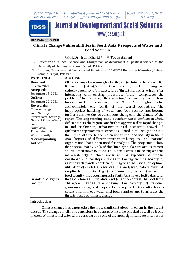 (PDF) Climate Change Vulnerabilities in South Asia: Prospects of Water ...