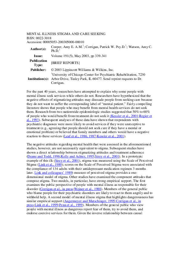 (PDF) Mental Illness Stigma and Care Seeking