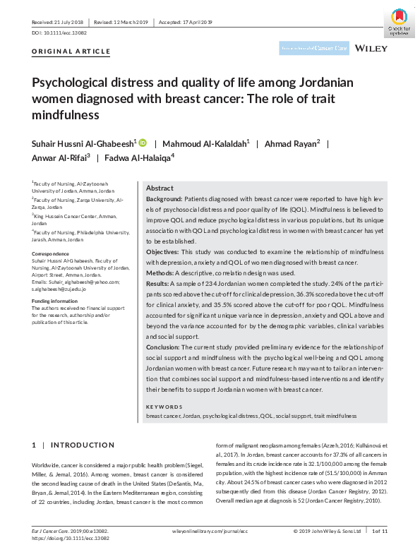 (PDF) Psychological distress and quality of life among Jordanian women ...