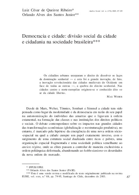 (PDF) Democracia e cidade: divisão social da cidade e cidadania na ...
