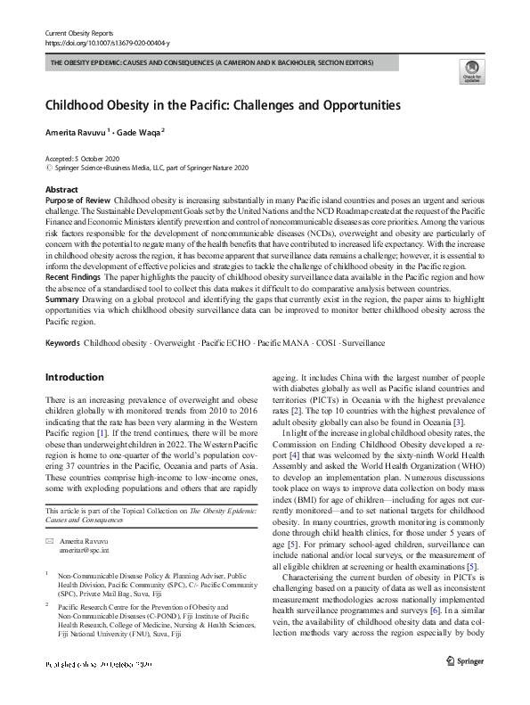 (PDF) Childhood Obesity in the Pacific: Challenges and Opportunities