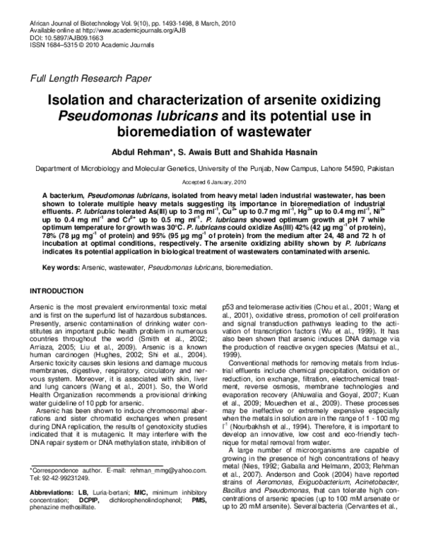 (PDF) Isolation and characterization of arsenite-oxidizing bacteria ...
