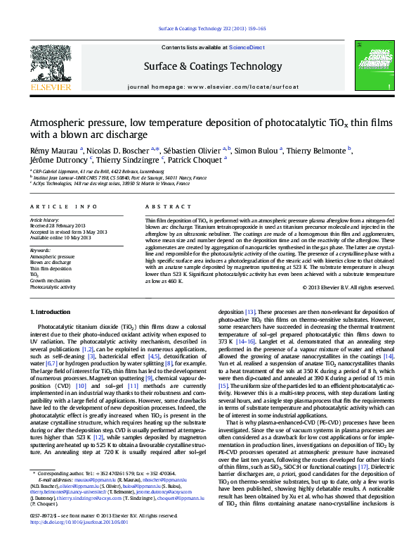 (PDF) Atmospheric pressure, low temperature deposition of ...