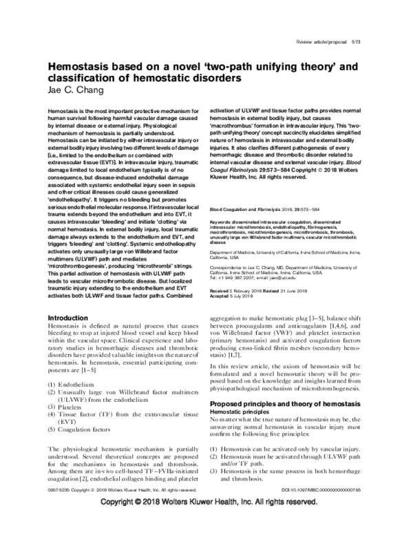 (PDF) Hemostasis based on a novel 'twopath unifying theory' and