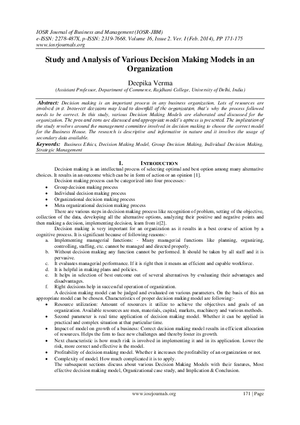 (PDF) Study and Analysis of Various Decision Making Models in an ...