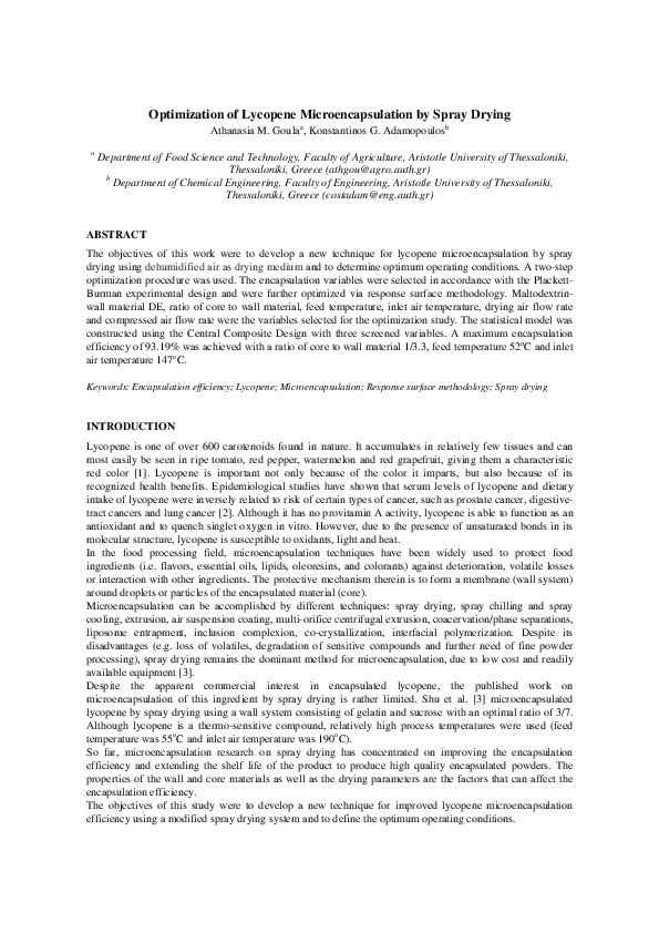 (PDF) Optimization of lycopene microencapsulation by spray drying
