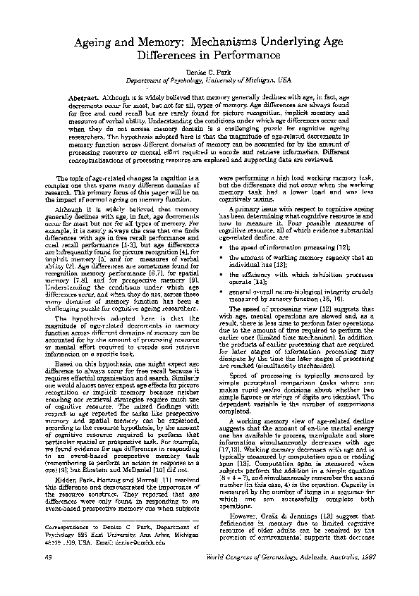 (PDF) Ageing and Memory: Mechanisms Underlying Age Differences in ...