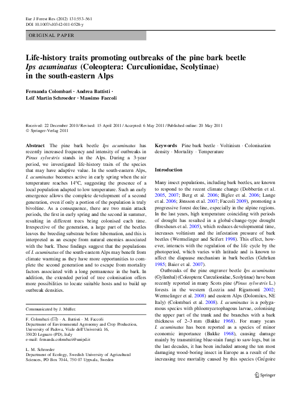 (PDF) Life-history traits promoting outbreaks of the pine bark beetle ...