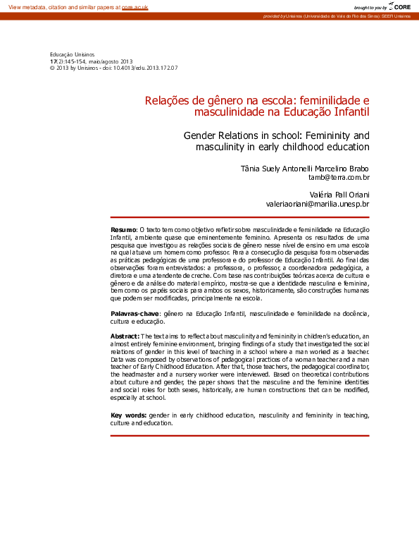 (PDF) Gender Relations in school: Femininity and masculinity in early ...