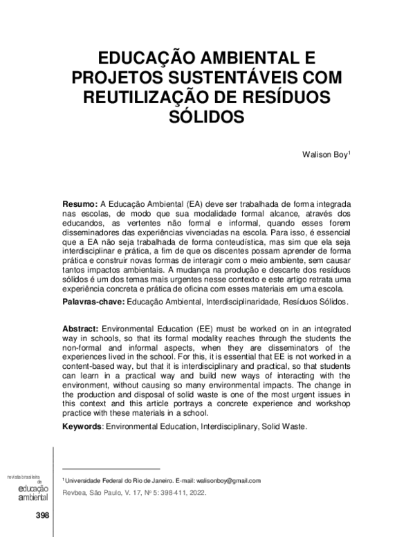 (PDF) Educação Ambiental e projetos sustentáveis com reutilização de ...