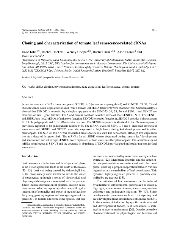 (PDF) Cloning and characterization of tomato leaf senescence-related cDNAs