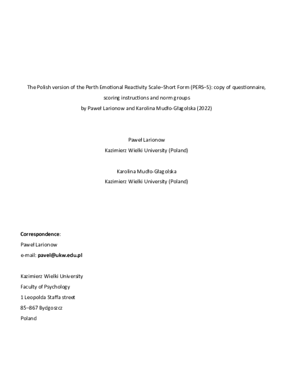 (PDF) The Polish version of the Perth Emotional Reactivity Scale–Short ...