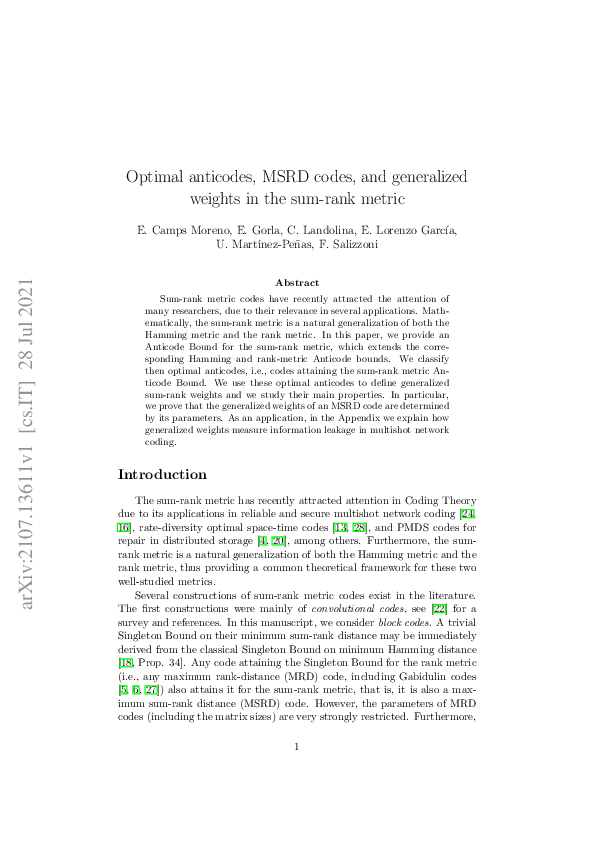 (PDF) Optimal Anticodes, MSRD Codes, and Generalized Weights in the Sum ...