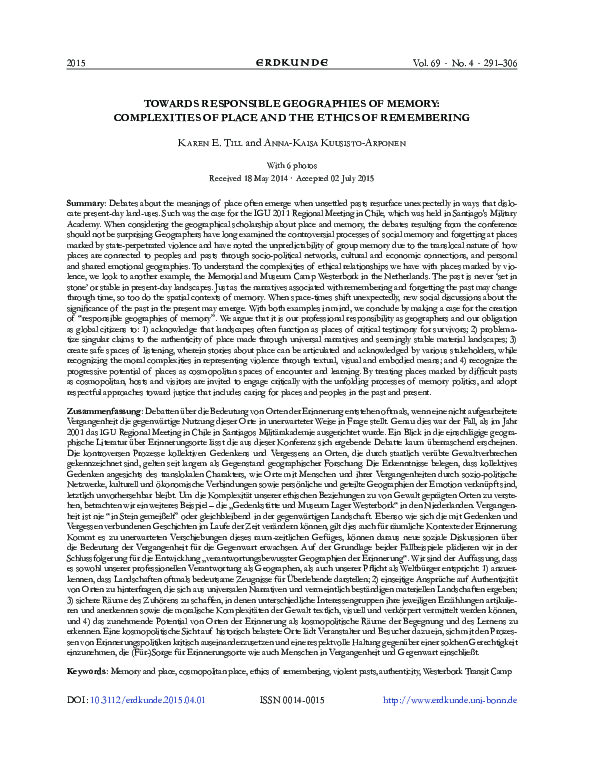 (PDF) Towards responsible geographies of memory: complexities of place ...