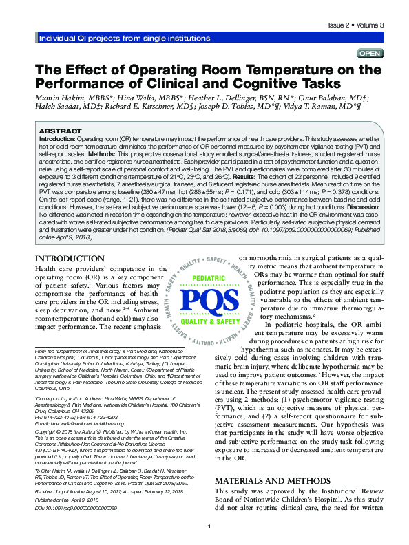 (PDF) The Effect of Operating Room Temperature on the Performance of ...