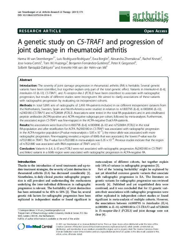 (PDF) A study on C5TRAF1 and progression of joint damage in