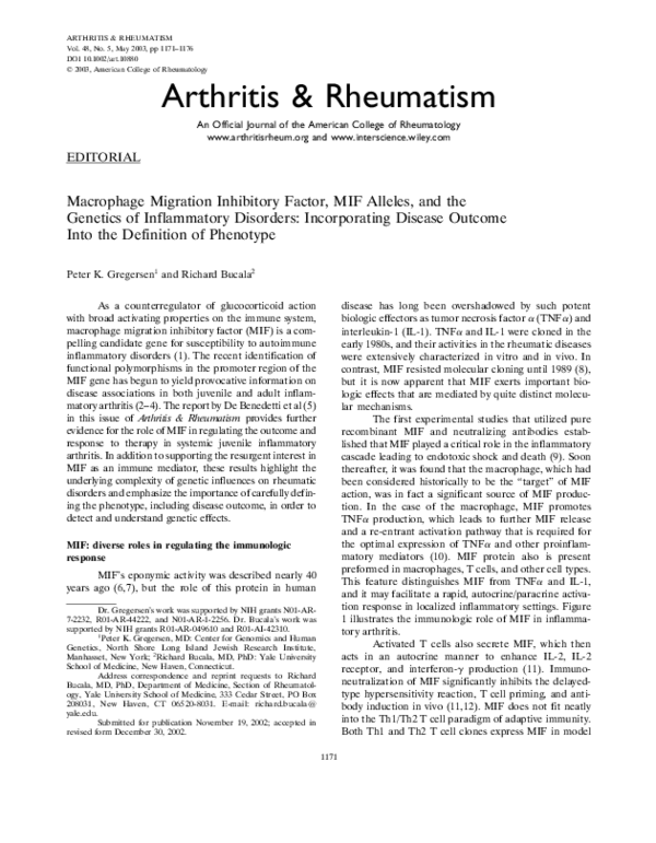(PDF) Macrophage migration inhibitory factor, MIF alleles, and the ...