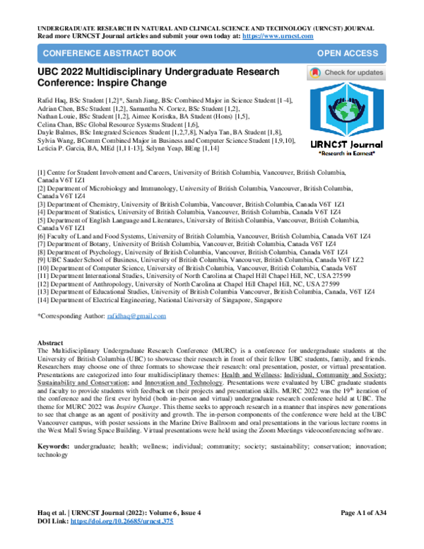 (PDF) UBC 2022 Multidisciplinary Undergraduate Research Conference ...
