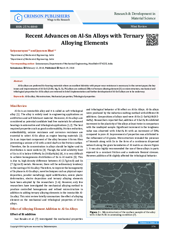 (PDF) Recent Advances on Al-Sn Alloys with Ternary Alloying Elements