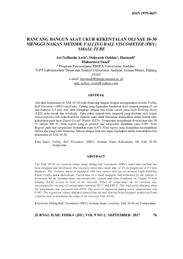 (PDF) Rancang Bangun Alat Ukur Kekentalan Oli Sae 1030 Menggunakan