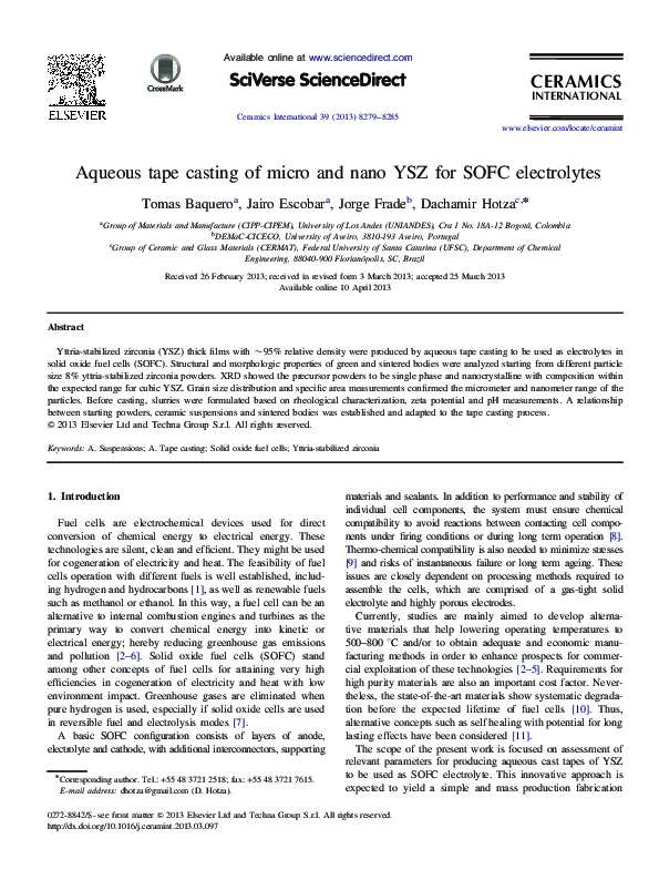 (PDF) Aqueous tape casting of micro and nano YSZ for SOFC electrolytes Dachamir Hotza