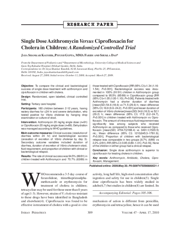 (PDF) Single dose azithromycin versus ciprofloxacin for cholera in ...