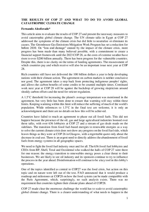 (PDF) THE RESULTS OF COP 27 AND WHAT TO DO TO AVOID GLOBAL CATASTROPHIC ...