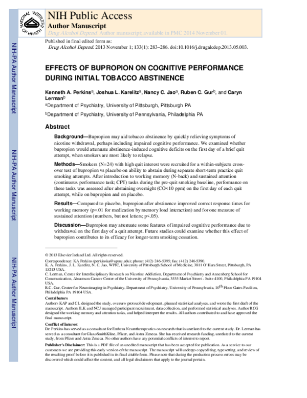 (PDF) Effects of bupropion on cognitive performance during initial ...