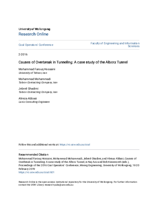 (PDF) Causes of Overbreak in Tunneling A case study of the Alborz Tunnel Farouq Hossaini