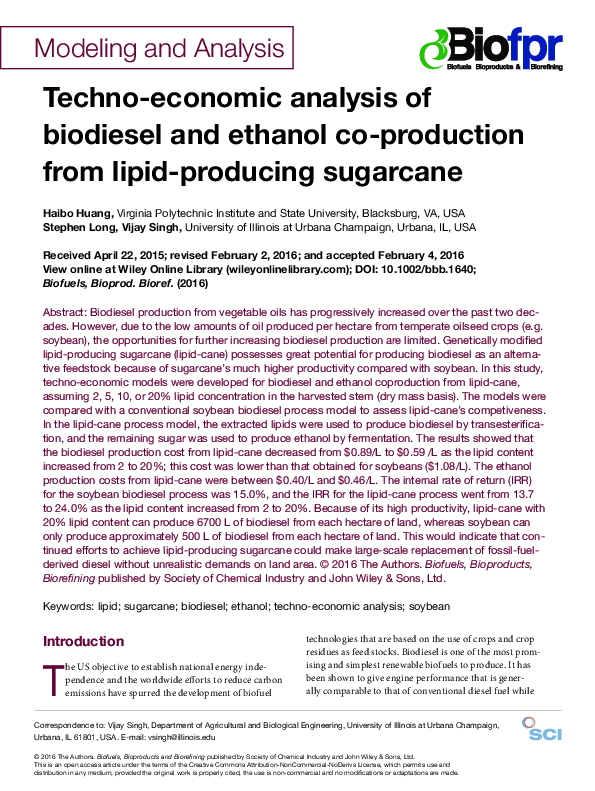 (PDF) Technoeconomic Analysis of Biodiesel and Ethanol Production from ...