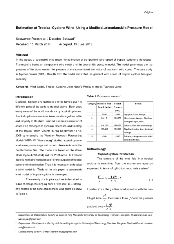 (PDF) Estimation of Tropical Cyclone Wind Using a Modified Jelesnianski ...