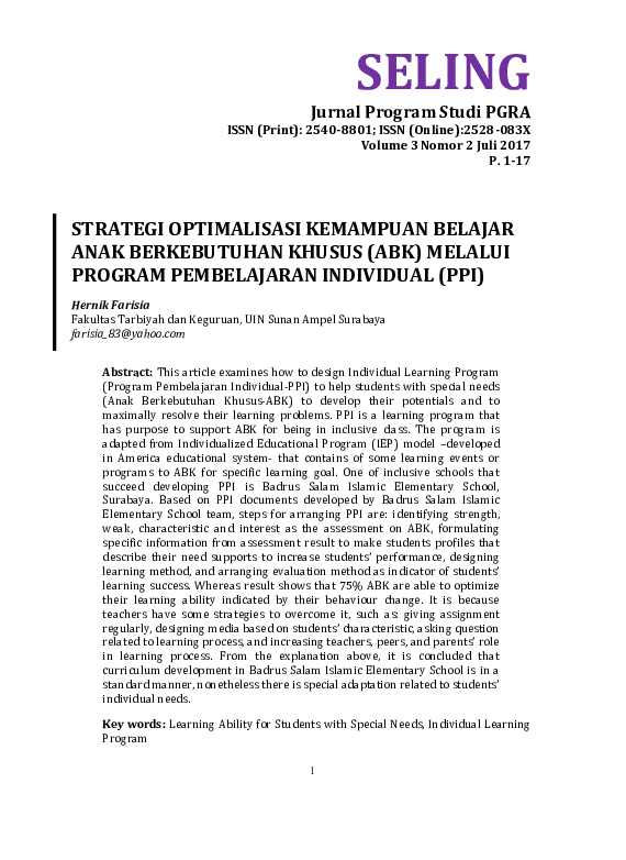 Pdf Strategi Optimalisasi Kemampuan Belajar Anak Berkebutuhan Khusus