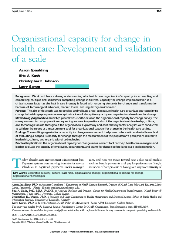 (PDF) Organizational capacity for change in health care: Development ...