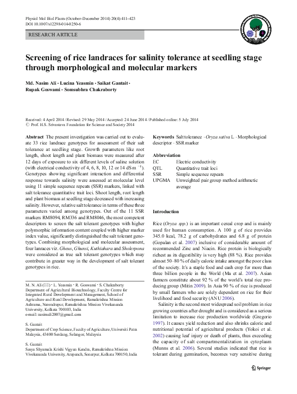 (PDF) Screening of rice landraces for salinity tolerance at seedling ...