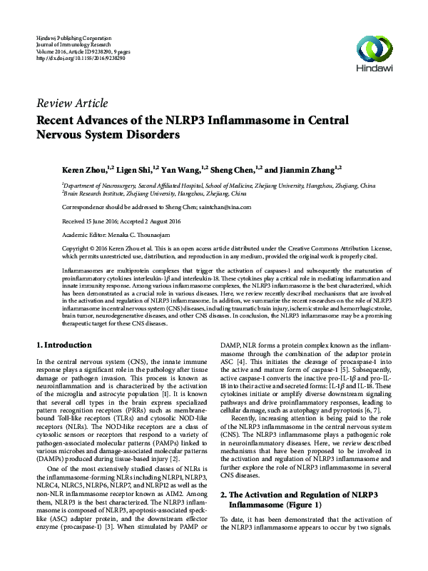 (PDF) Recent Advances of the NLRP3 Inflammasome in Central Nervous ...