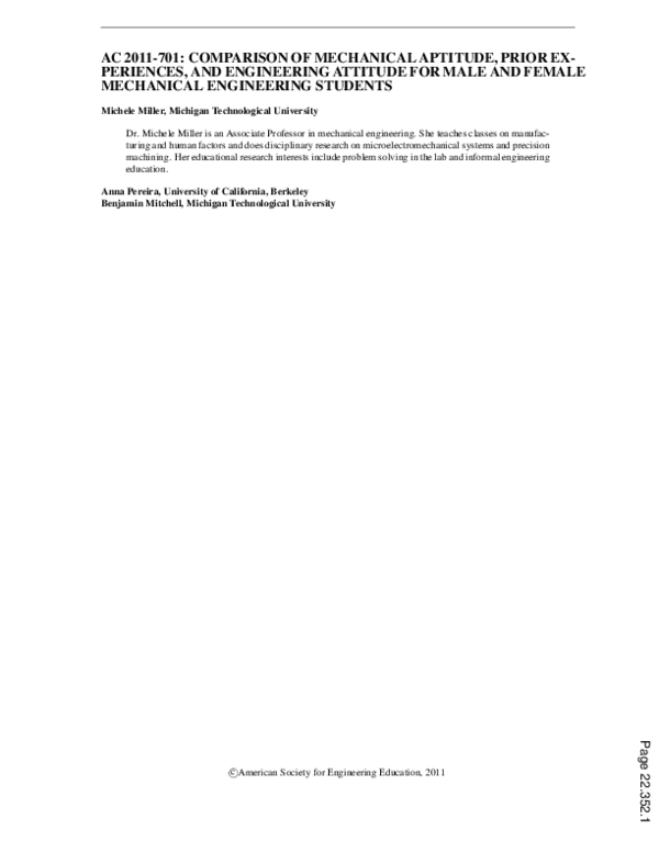 (PDF) Comparison of Mechanical Aptitude, Prior Experiences, and