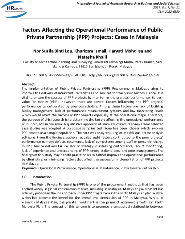(PDF) Factors Affecting the Operational Performance of Public Private ...