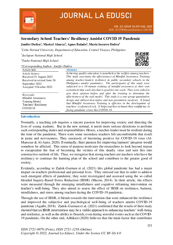 (PDF) Secondary School Teachers’ Resiliency Amidst COVID 19 Pandemic