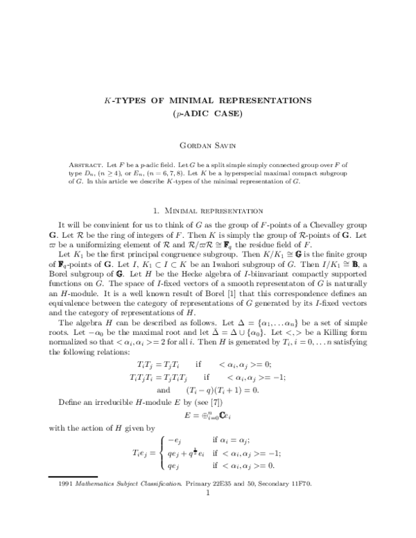 (PDF) KTYPES OF MINIMAL REPRESENTATIONS (pADIC CASE) Gordan Savin