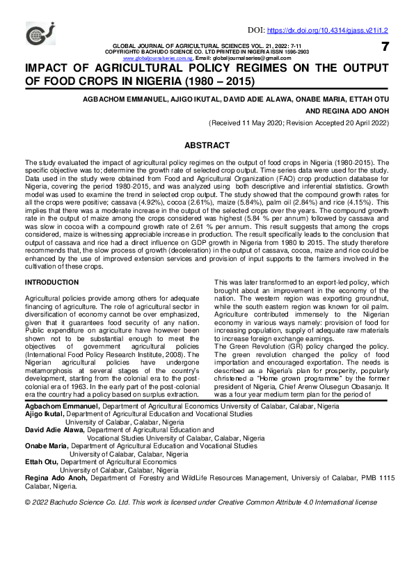 (PDF) Impact of agricultural policy regimes on the output of food crops ...