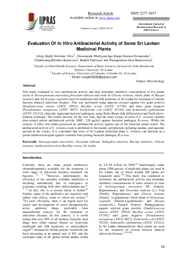 (PDF) Evaluation Of In Vitro Antibacterial Activity of Some Sri Lankan ...