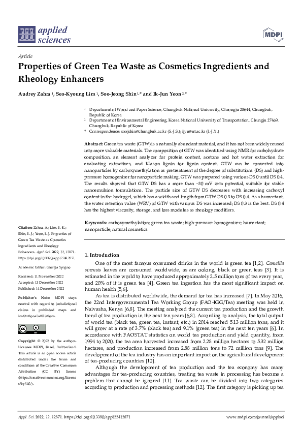 (PDF) Properties of Green Tea Waste as Cosmetics Ingredients and ...