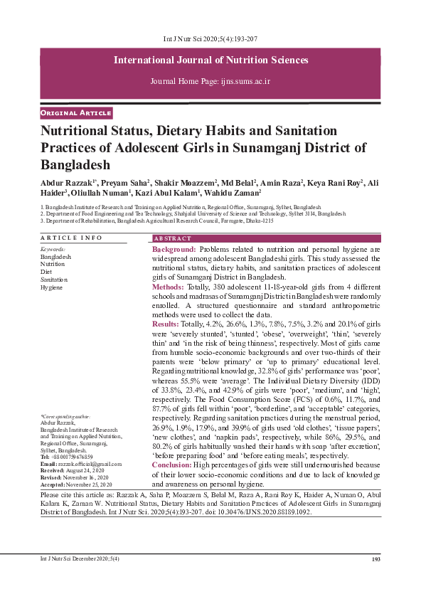 (PDF) Nutritional Status, Dietary Habits and Sanitation Practices of ...