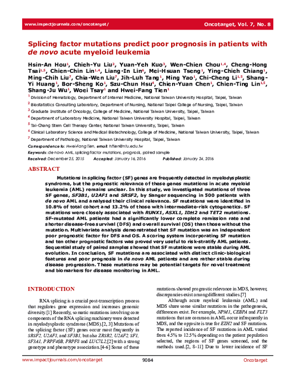 (PDF) Splicing factor mutations predict poor prognosis in patients with ...