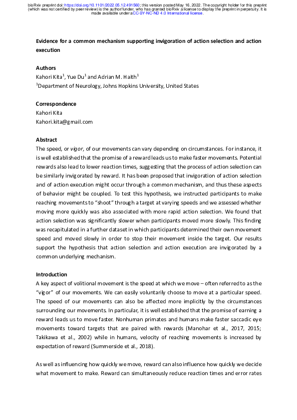 (PDF) Evidence for a common mechanism supporting invigoration of action ...